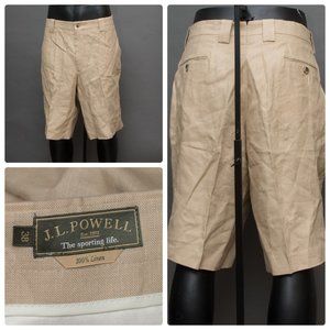 JL POWELL Men's Size 38 Tan/Khaki 100% Linen Casual Shorts Like New Condition